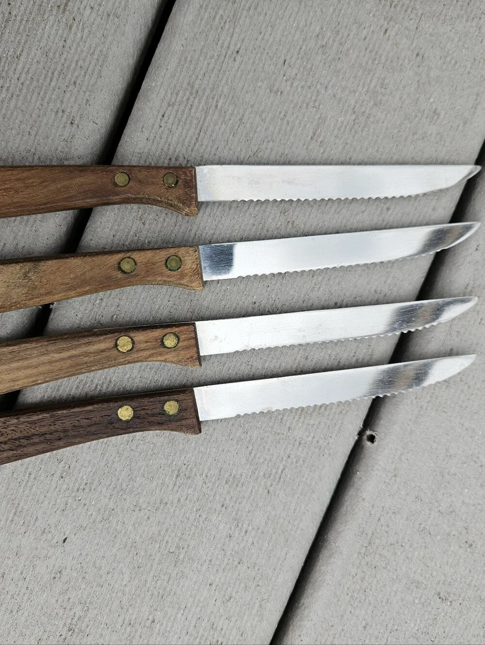 Mid Century Modern Japanese Steak Knife Set 4PC Stainless Wood Brass Rivets
